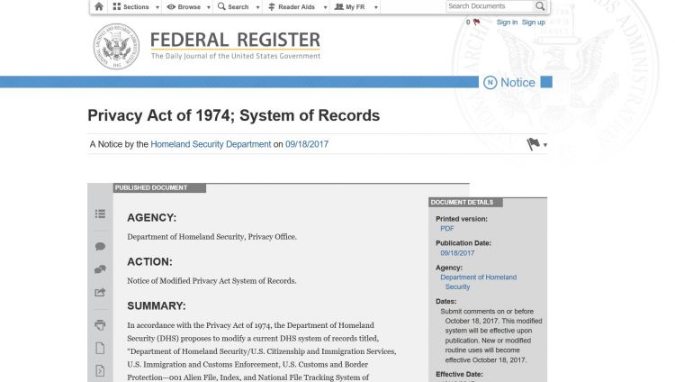 Abbildung: Website des Federal Register mit dem Privacy Act 1974